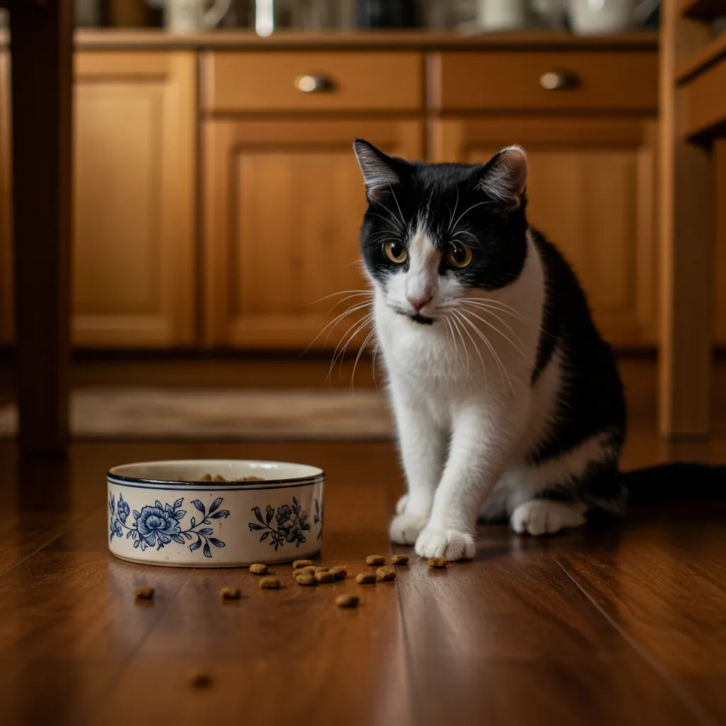 Curious cat attempting to cover food bowl in a cozy kitchen, showcasing feline food covering instinct.