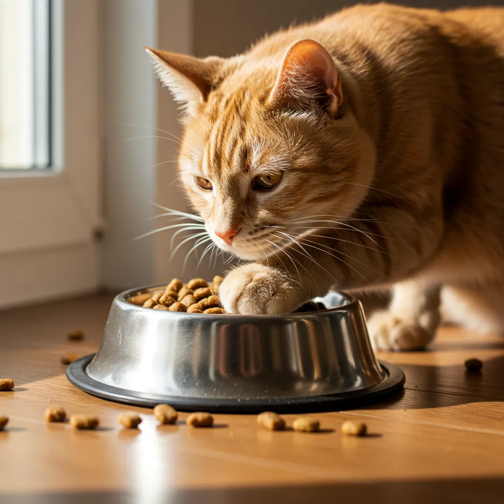 Domestic cat pawing at food bowl to mimic wild cat caching behavior, illustrating feline survival instincts.