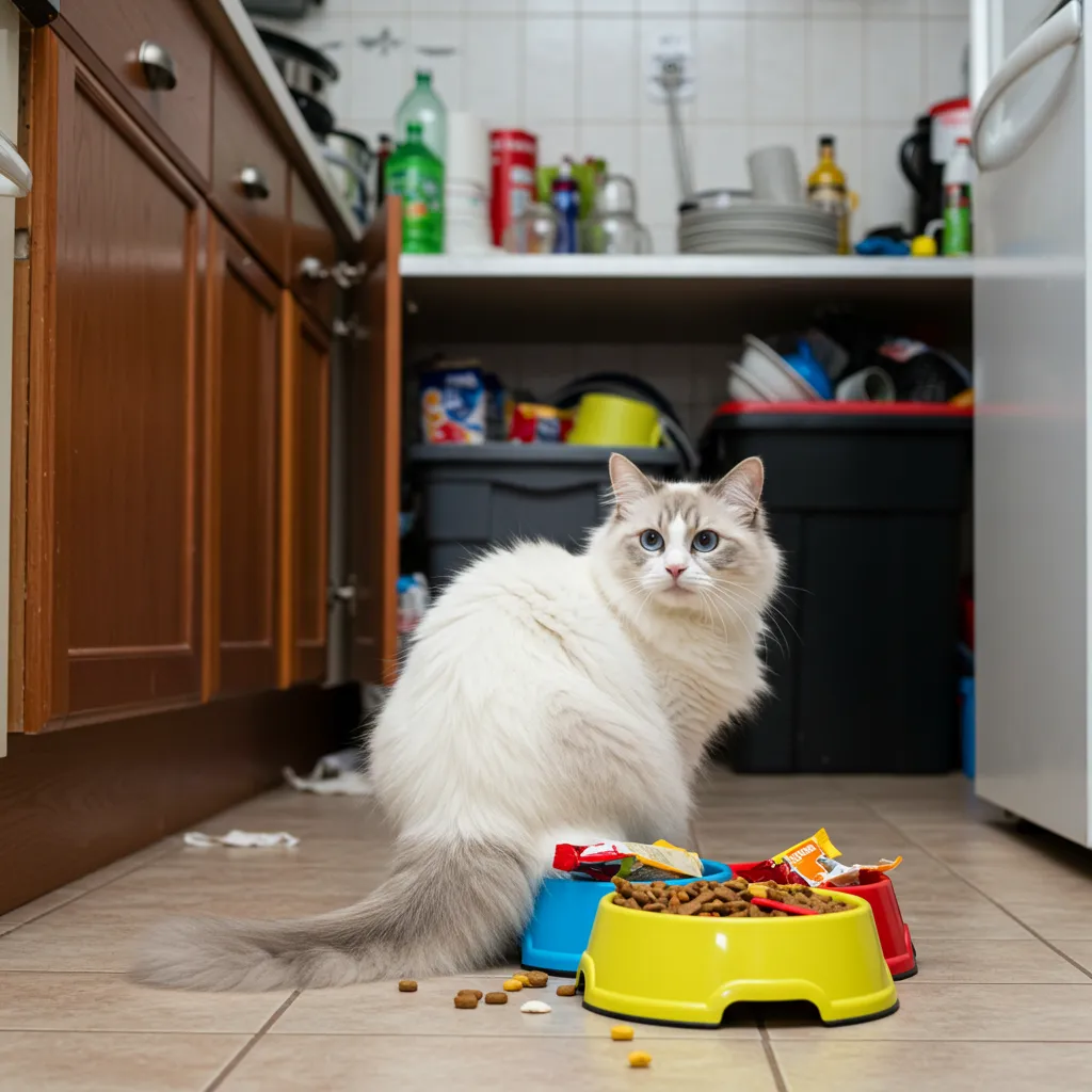 Cat rejecting food bowl due to environmental discomfort, illustrating why cats cover their food.