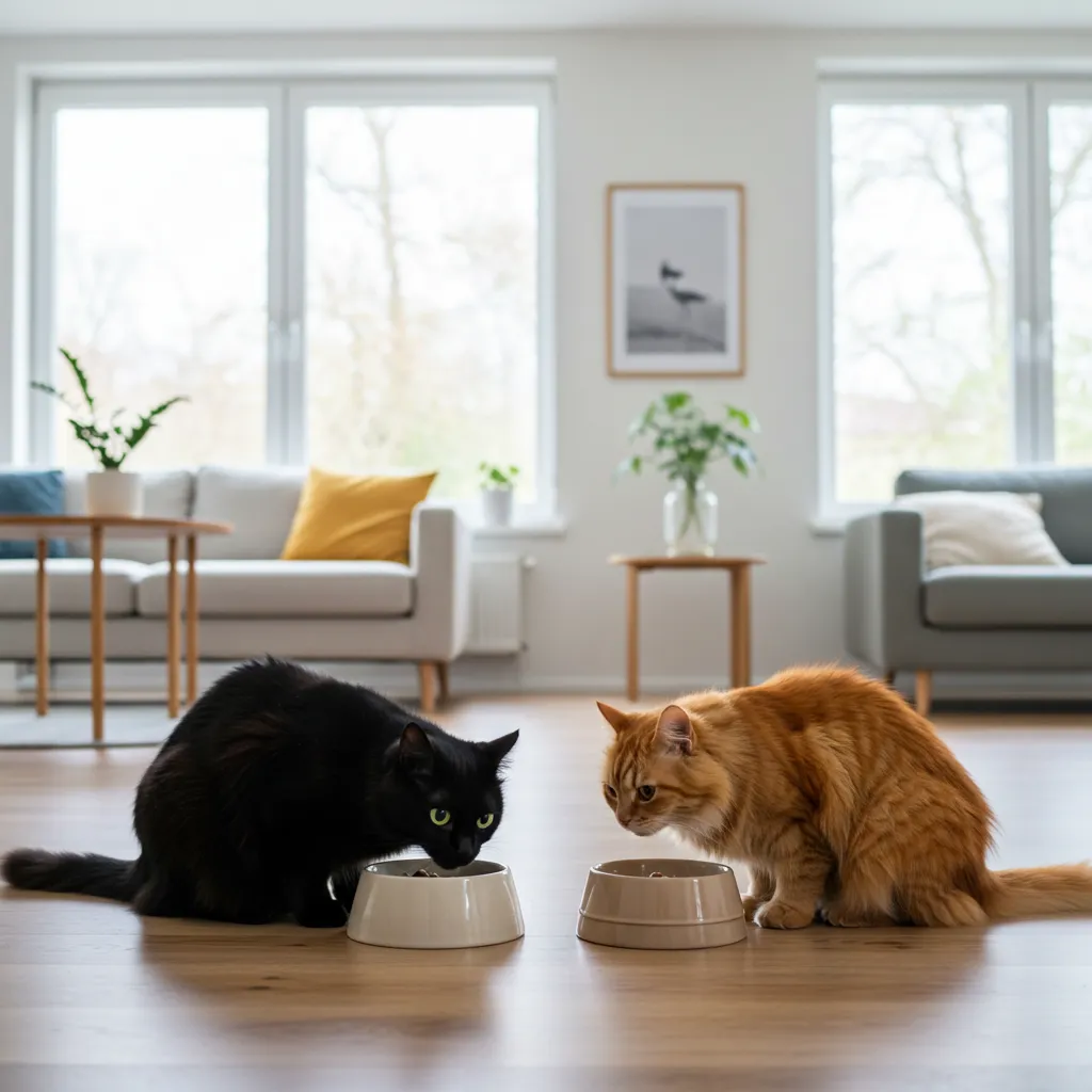 Two cats at separate feeding stations, reducing food covering due to multi-cat rivalry.