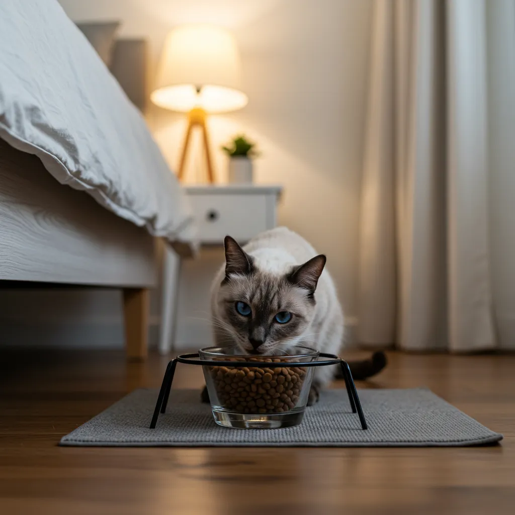 Happy cat eating from a clean bowl in a quiet area, demonstrating solutions to stop food covering behavior