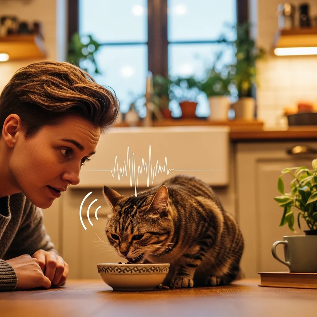 Cat owner noticing cat grinding teeth while eating kibble in a cozy kitchen