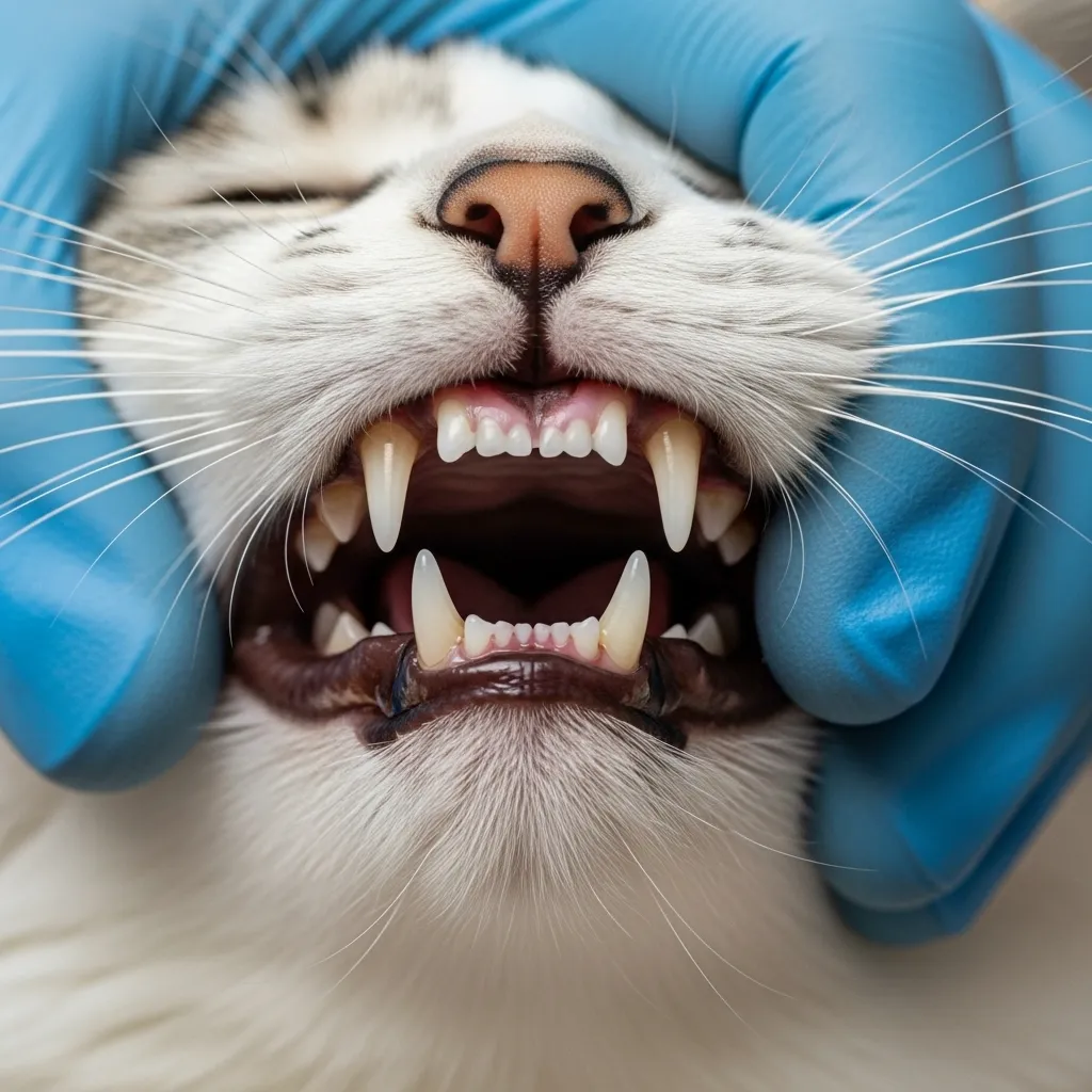 Vet examining a cat’s mouth for dental issues, causing teeth grinding.
