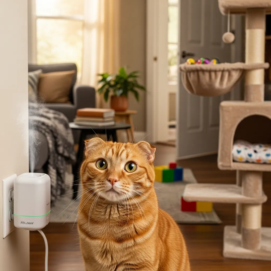 Stressed cat near Feliway diffuser to reduce feline bruxism.