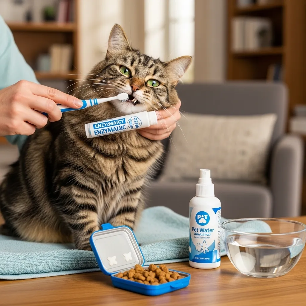 Cat owner brushing feline teeth with enzymatic toothpaste to prevent grinding.