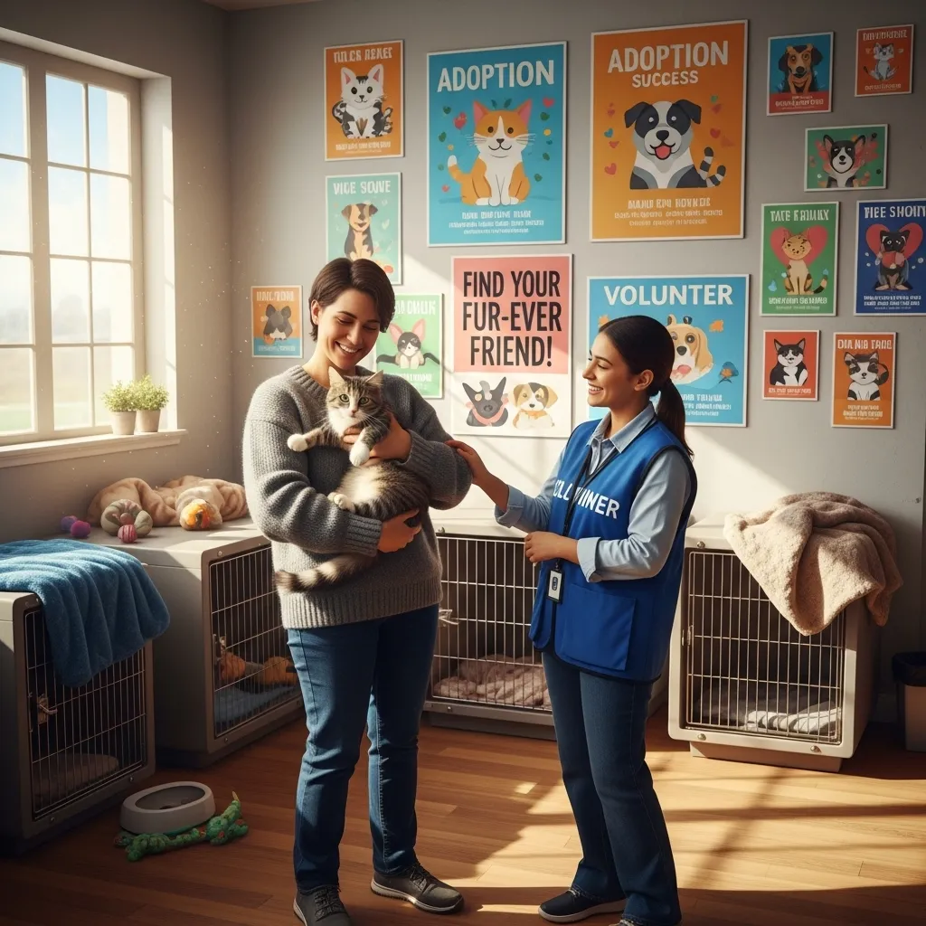 How Long Does It Take to Adopt a Cat 1 Person holding a happy cat in a cozy shelter, ready for adoption, with colorful posters in the background.