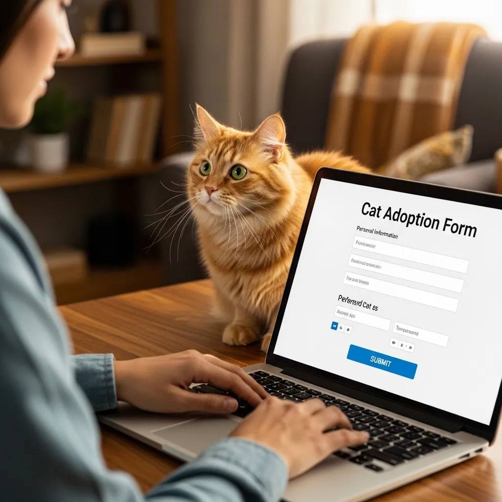 How Long Does It Take to Adopt a Cat 2 Person completing an online cat adoption form with a curious cat nearby, showcasing the digital adoption process.