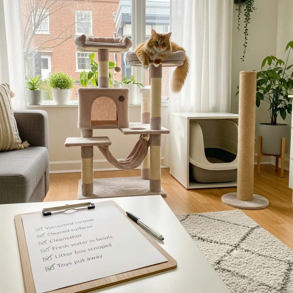 How Long Does It Take to Adopt a Cat 3 Pet-proofed home with cat tree and litter box, prepared for a cat adoption home visit.