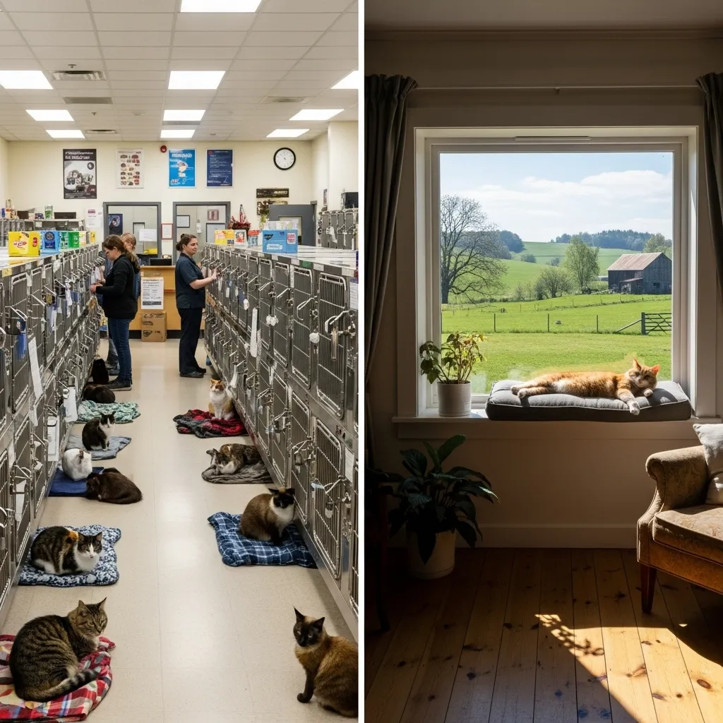 How Long Does It Take to Adopt a Cat 4 Urban shelter and rural rescue comparison, showing cat adoption environments.
