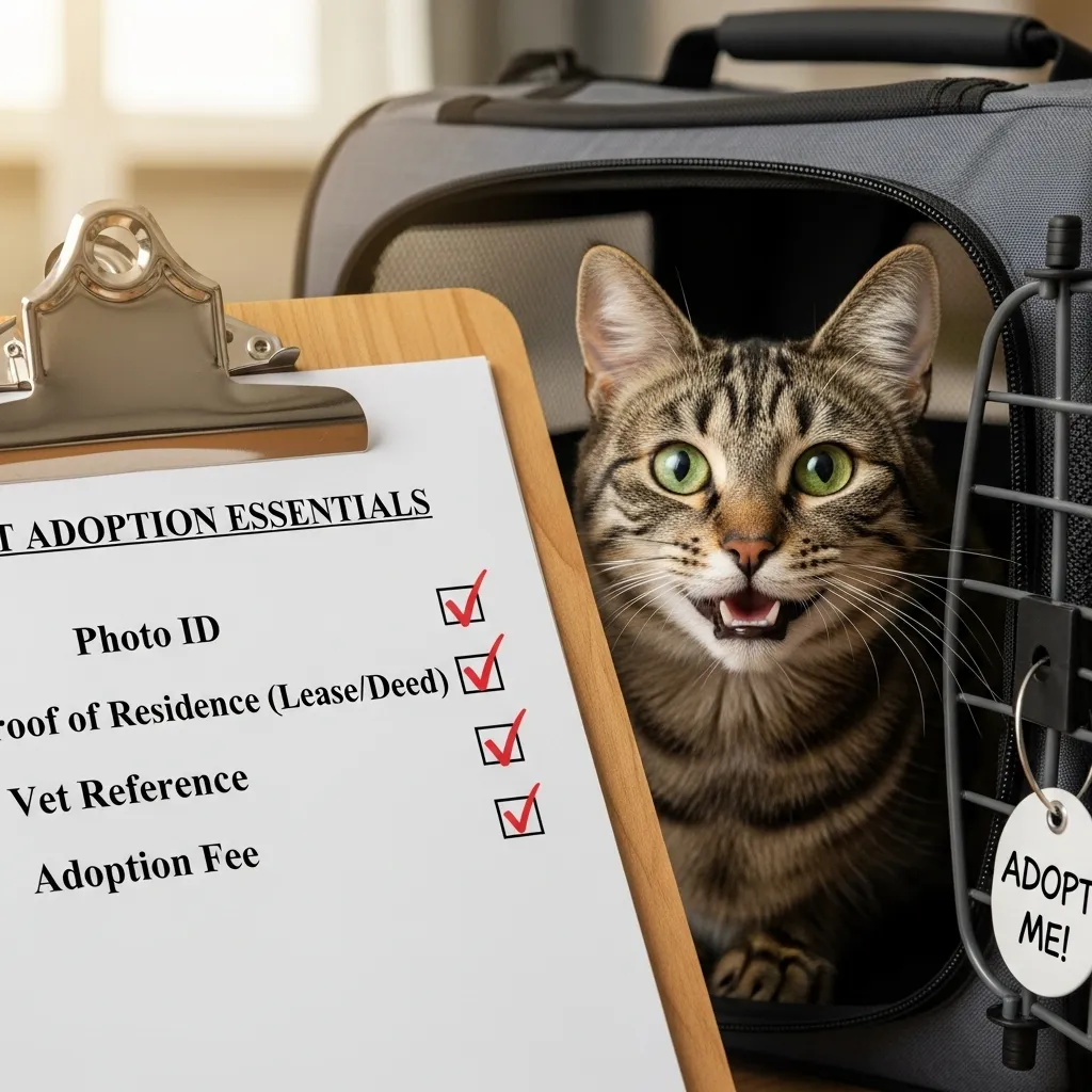 How Long Does It Take to Adopt a Cat 5 Cat adoption checklist with essentials and a cat in a carrier, prepared for final approval.