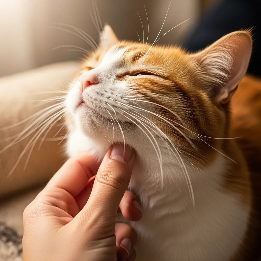 Relaxed cat enjoying gentle chin scratches, showcasing cat-human bonding.