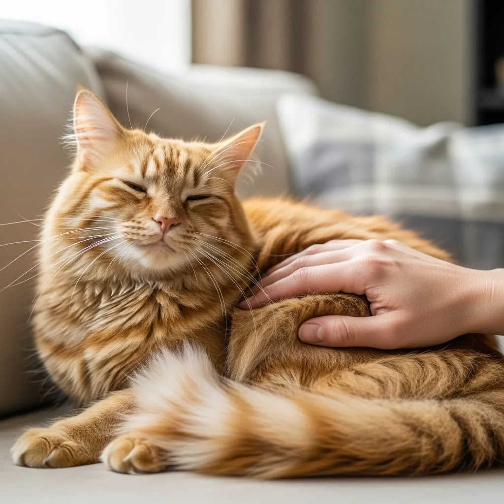Happy cat purring during gentle petting, illustrating positive petting techniques.