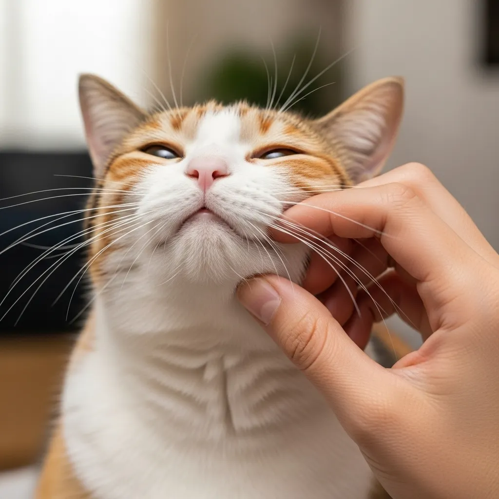 Person using gentle cat tickling techniques on a cat’s chin for bonding.