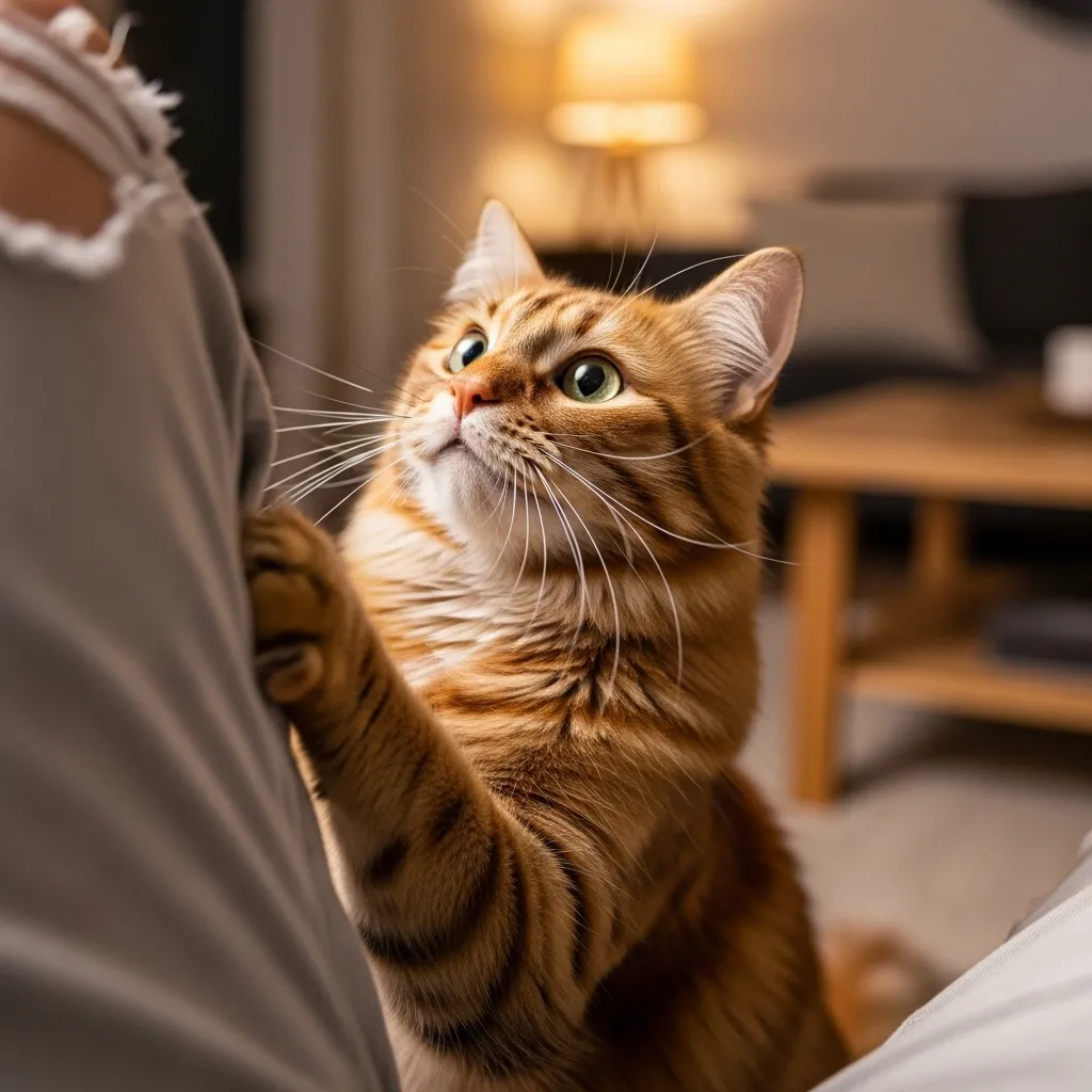 Tabby cat gently tapping owner’s leg in a cozy living room.
