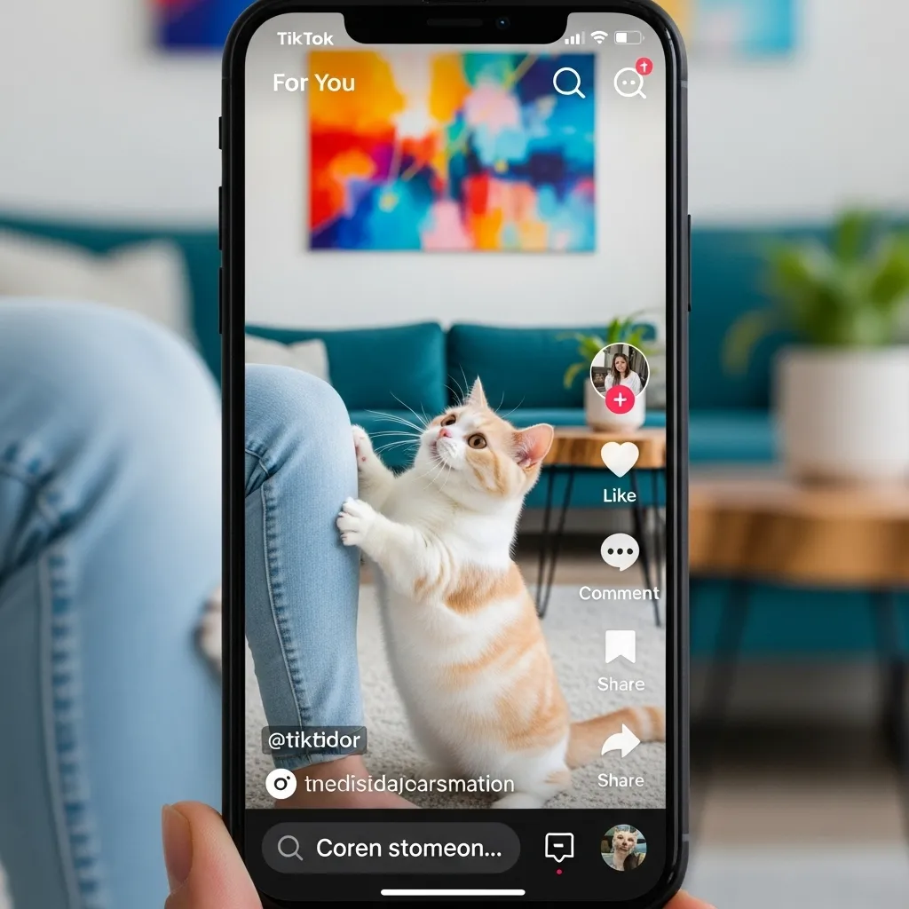TikTok video of a Munchkin cat tapping its owner’s leg on a phone screen.