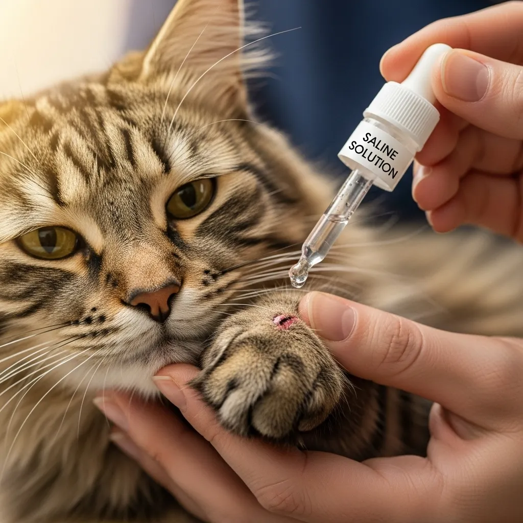 Cat Wound Care 1 Hand safely cleaning cat wound at home with saline.