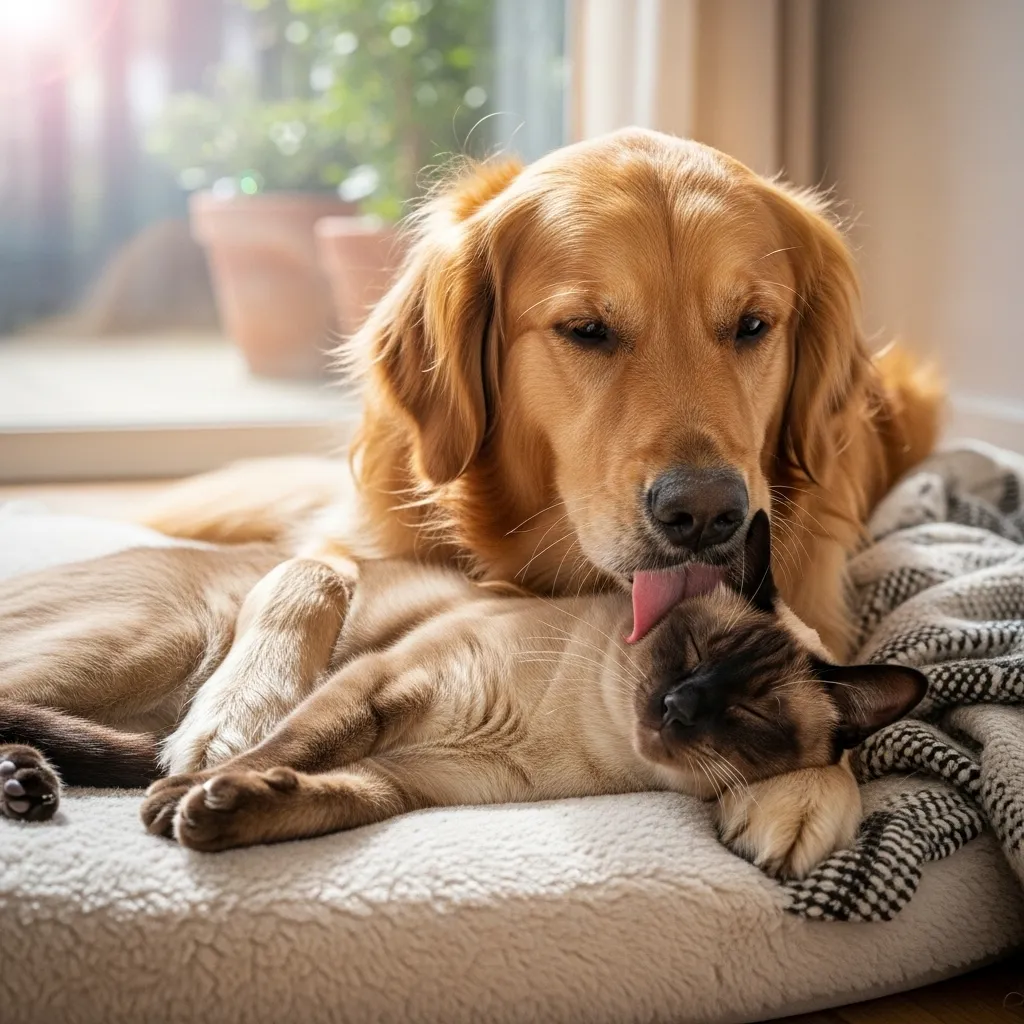 Golden Retriever licking Siamese cat affectionately on a pet bed.