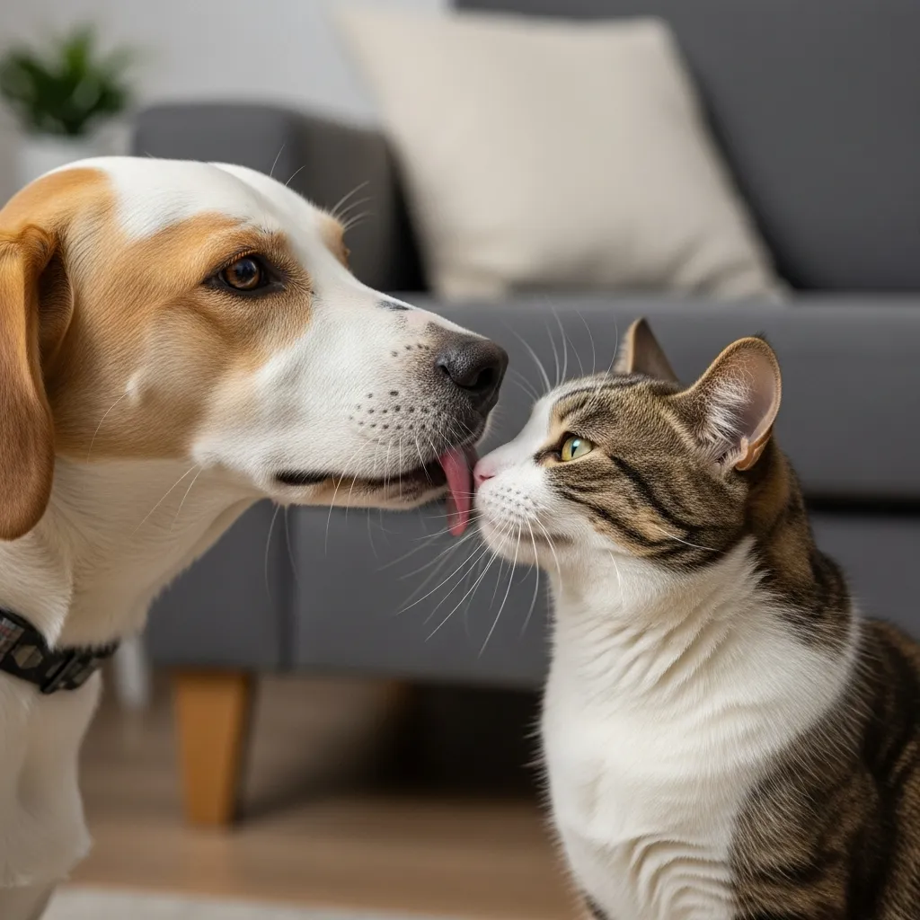 Dog and cat nuzzling, with dog licking cat’s ear in a cozy home.