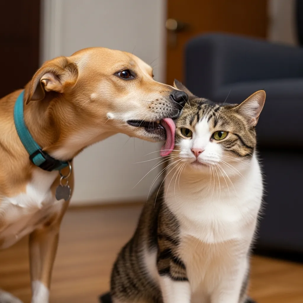 Dog licking cat excessively, with cat showing mild discomfort.