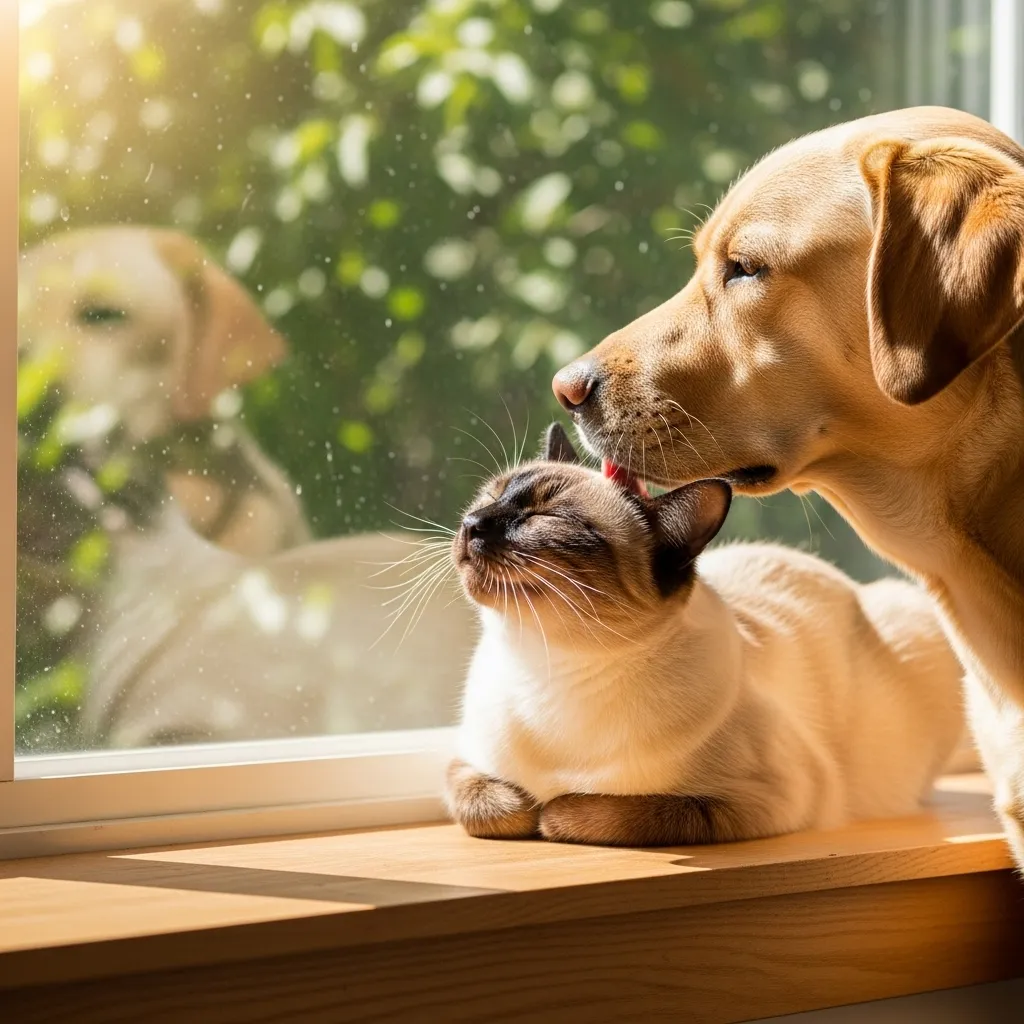 Siamese cat purring as Labrador licks its head on a sunny windowsill.