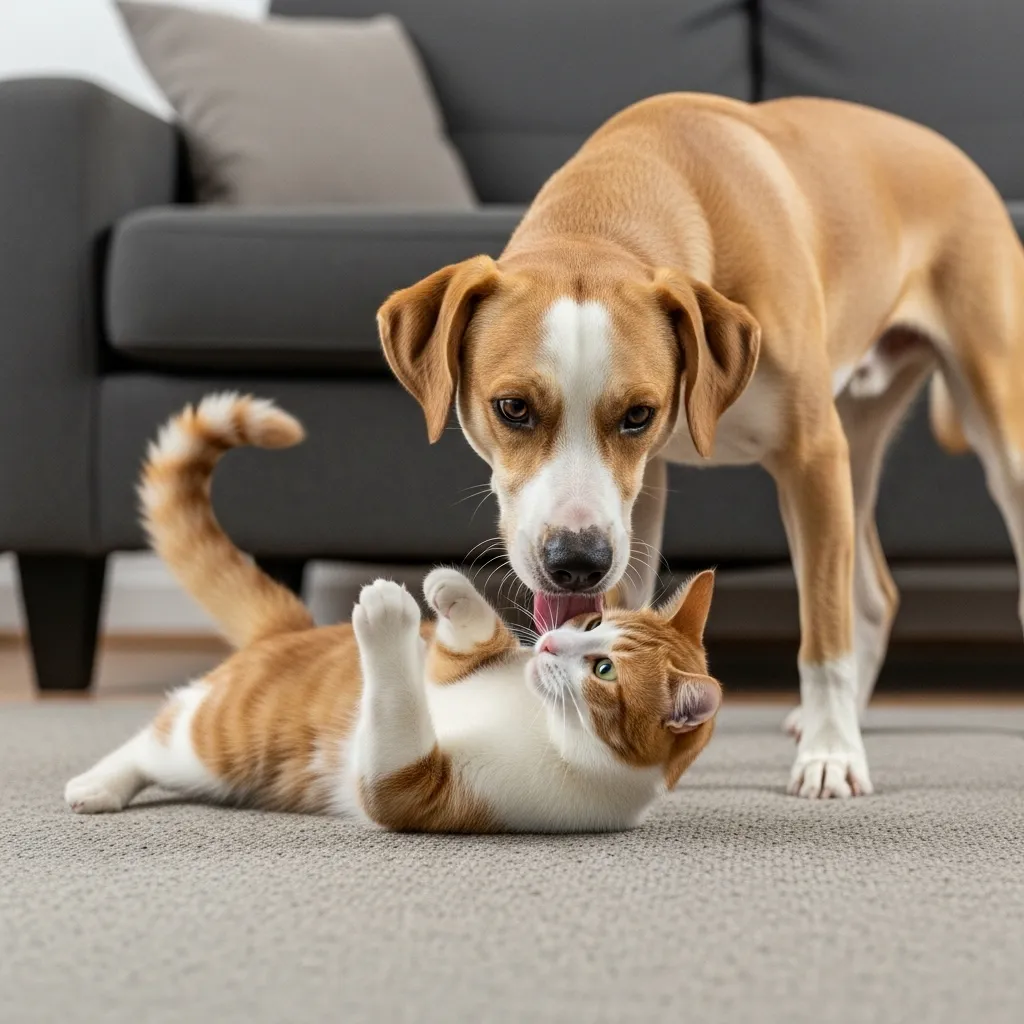 Dog and cat playing together, with dog licking cat in a friendly moment.