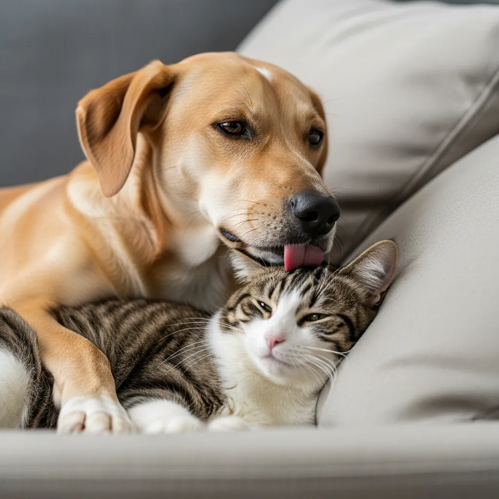 Dog and cat cuddling on a couch, with dog licking cat’s forehead.