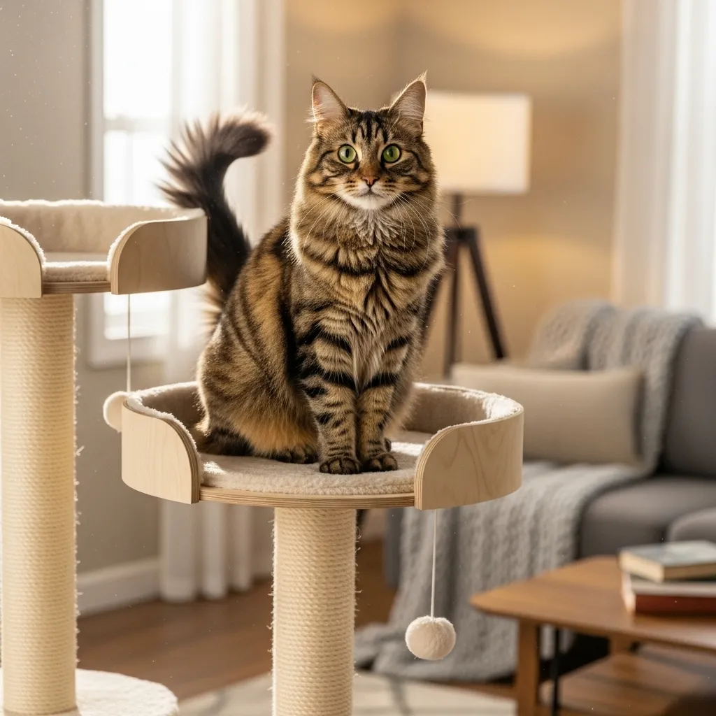 Confident cat displaying dominant behavior on a cat tree in a cozy home.