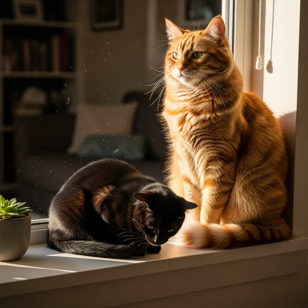 Dominant cat on windowsill with submissive cat nearby in a multicat home.