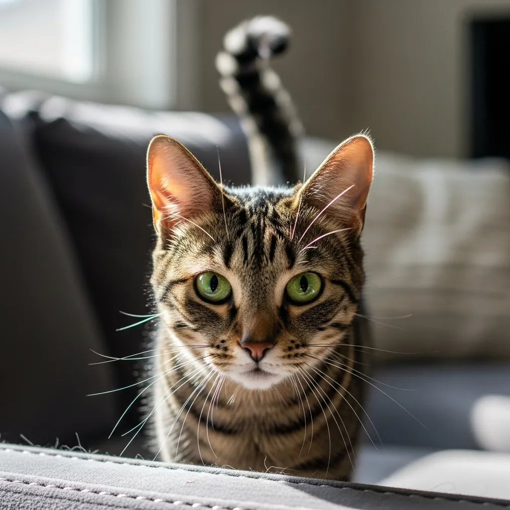 Cat showing dominant body language with upright tail and direct stare.