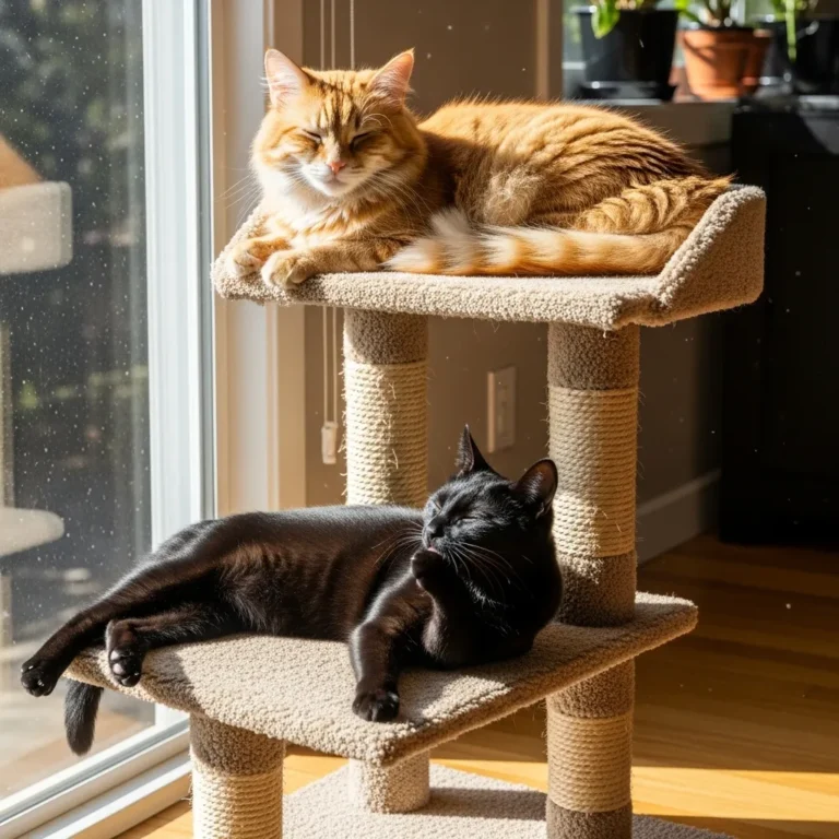 Cats sharing a cat tree peacefully, showing balanced hierarchy.