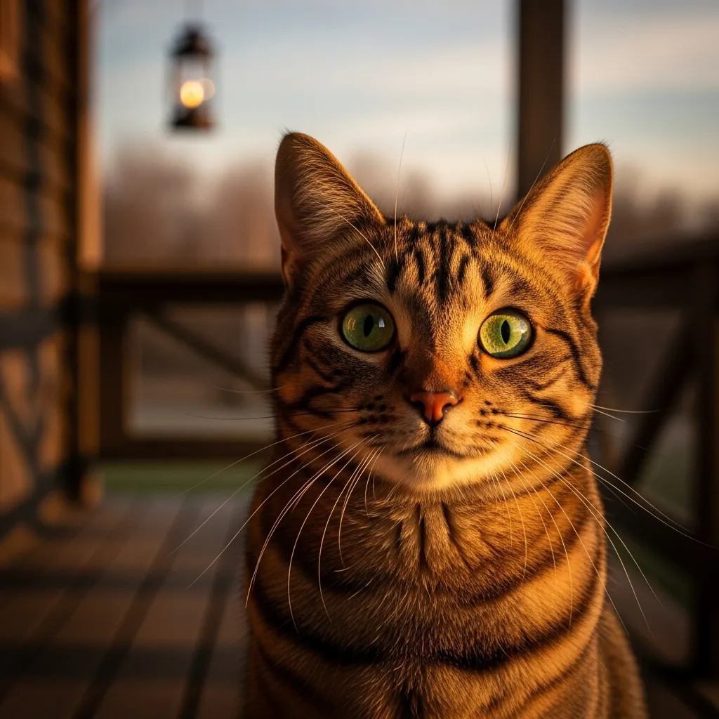 Curious tabby cat on a porch, potentially a stray, looking at the camera.