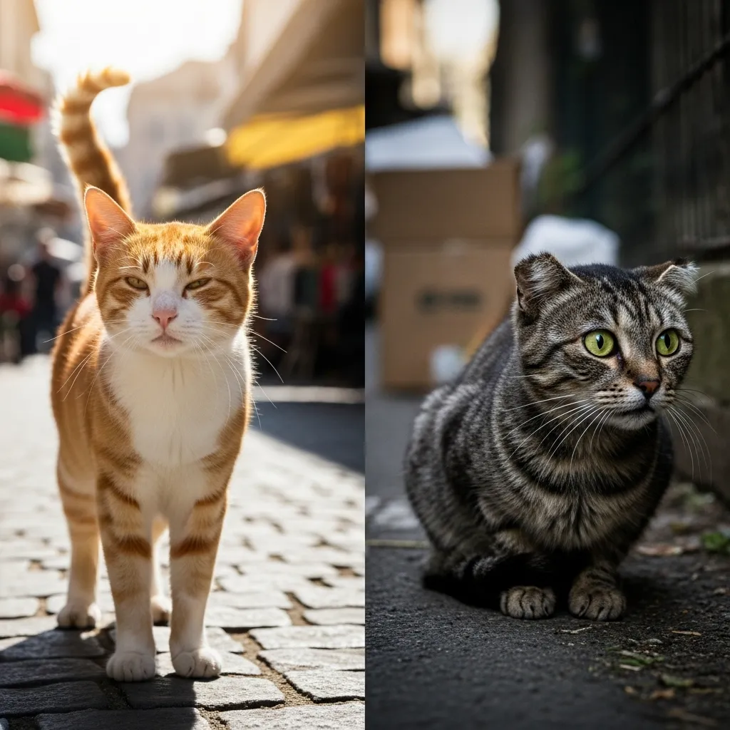 Comparison of friendly stray cat body language vs. defensive feral cat behavior.