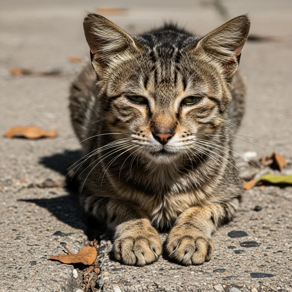  Stray cat with matted fur and rough paws, indicating poor health.