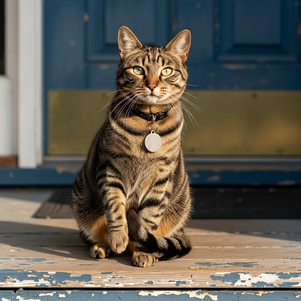  Cat with a collar and tag, indicating possible ownership.