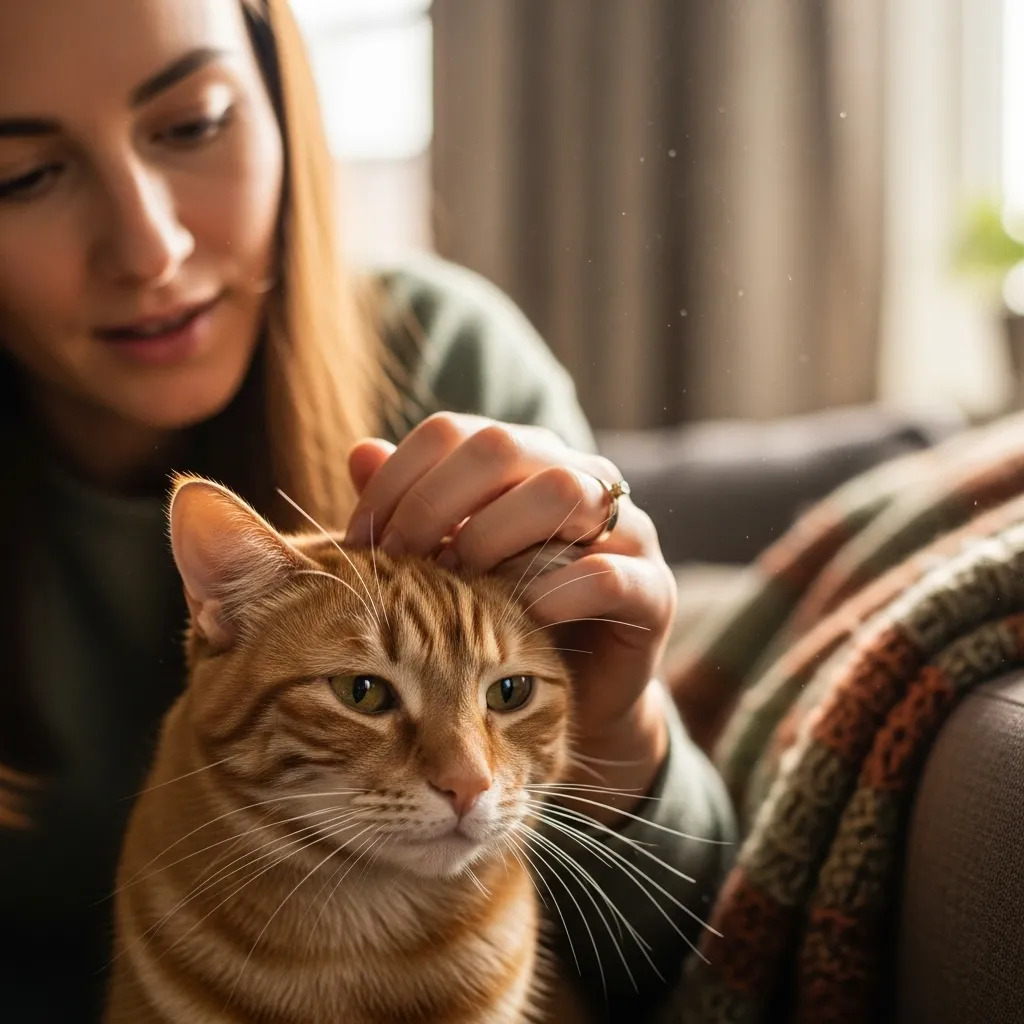 Cat owner comforting a cat with voice loss in a cozy home.