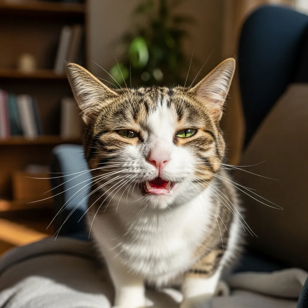 Cat with weak meow showing signs of voice loss.