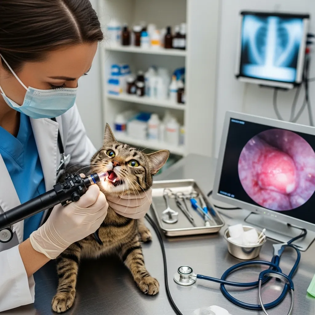  Veterinarian checking cat for laryngeal issues causing voice loss.
