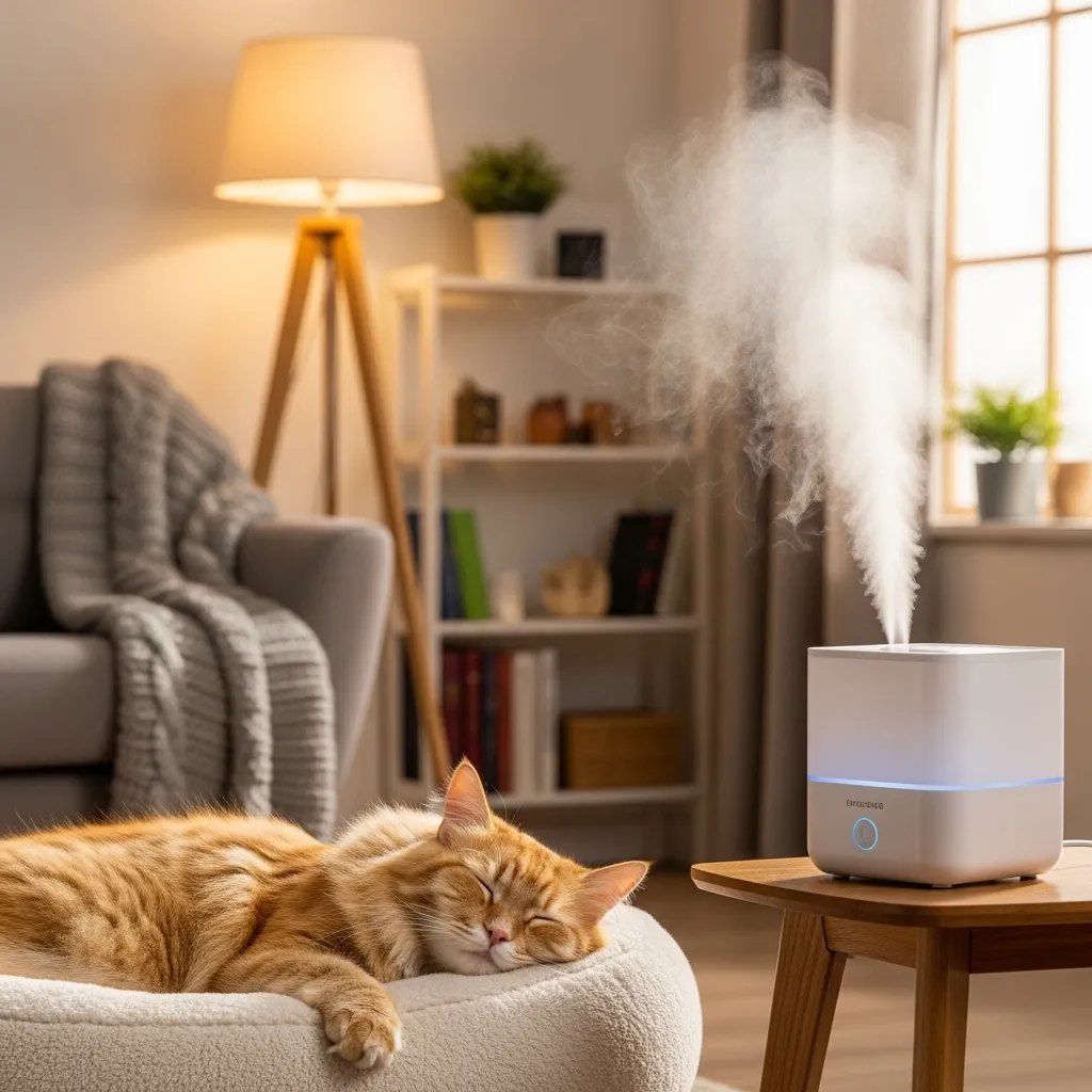  Cat resting near humidifier for voice loss recovery.