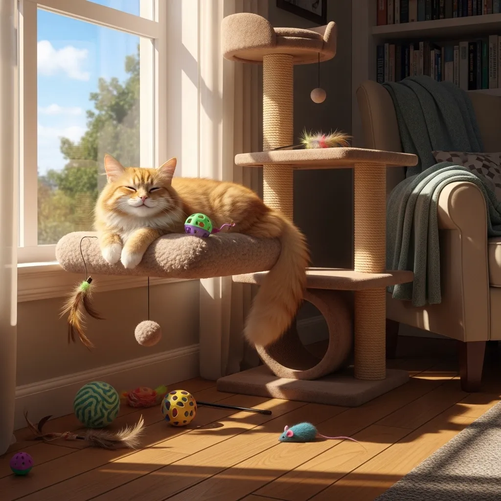Happy indoors cat relaxing on a window perch with toys and a cat tree in a cozy home
