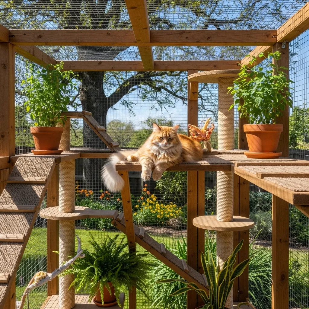 Cat relaxing in a catio with climbing structures and plants for safe outdoor fun.