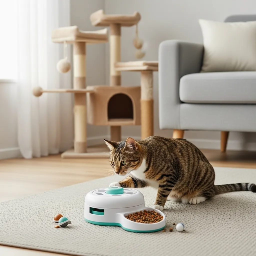 Cat engaging with a puzzle feeder toy in a cozy indoor space with a cat tree.