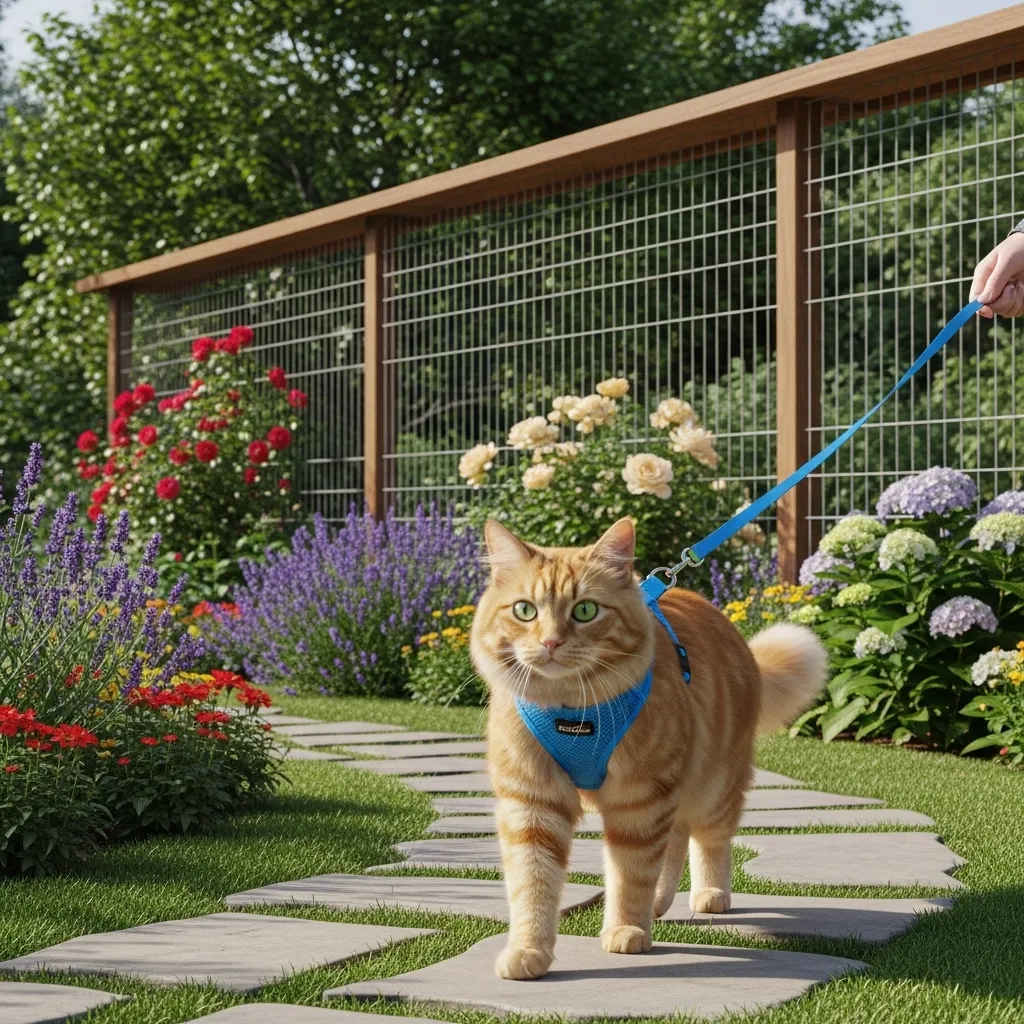 Cat on a leash in a garden with a cat-proof fence for safe outdoor time.