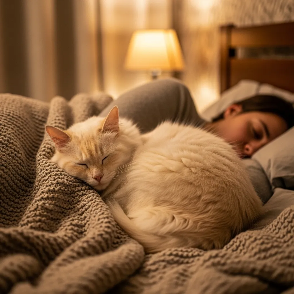 Fluffy cat sleeping next to owner on cozy bed.