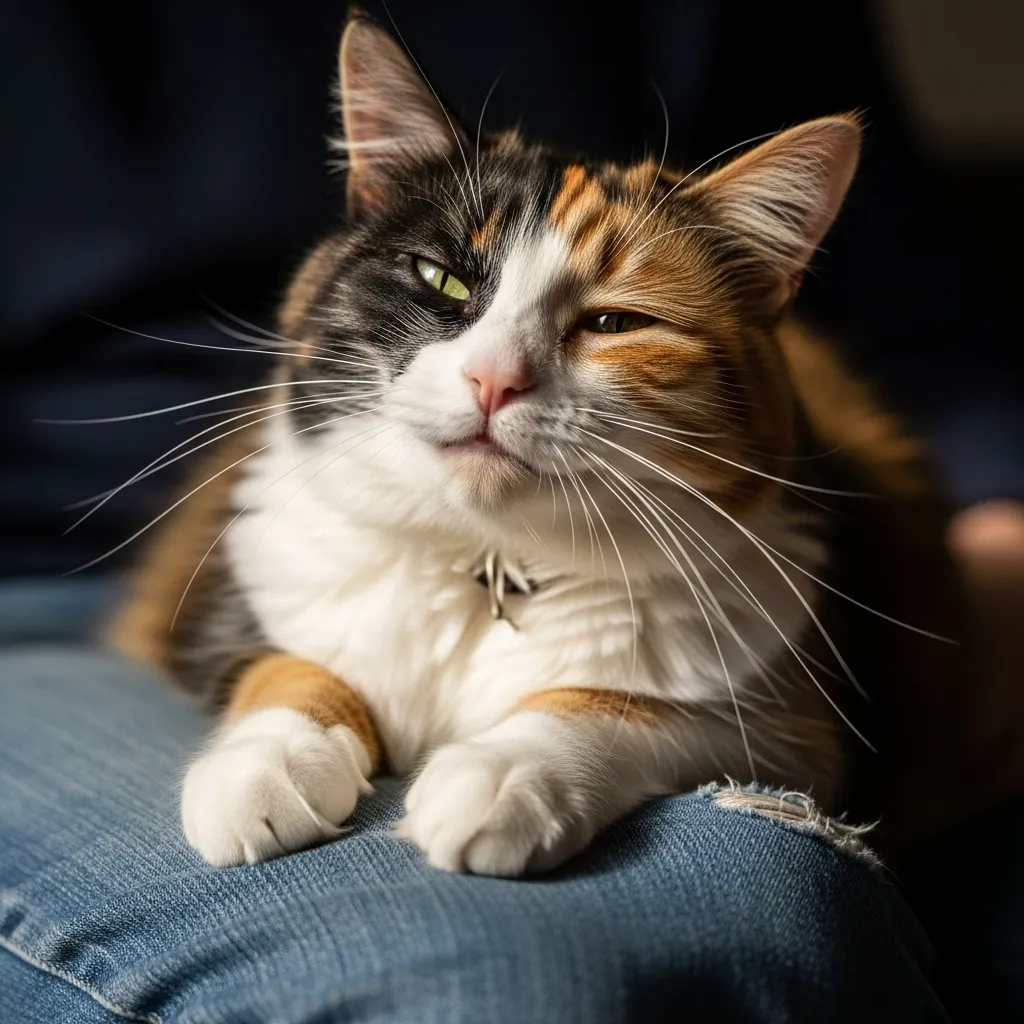 Cat kneading on owner’s lap, showing trust and affection.