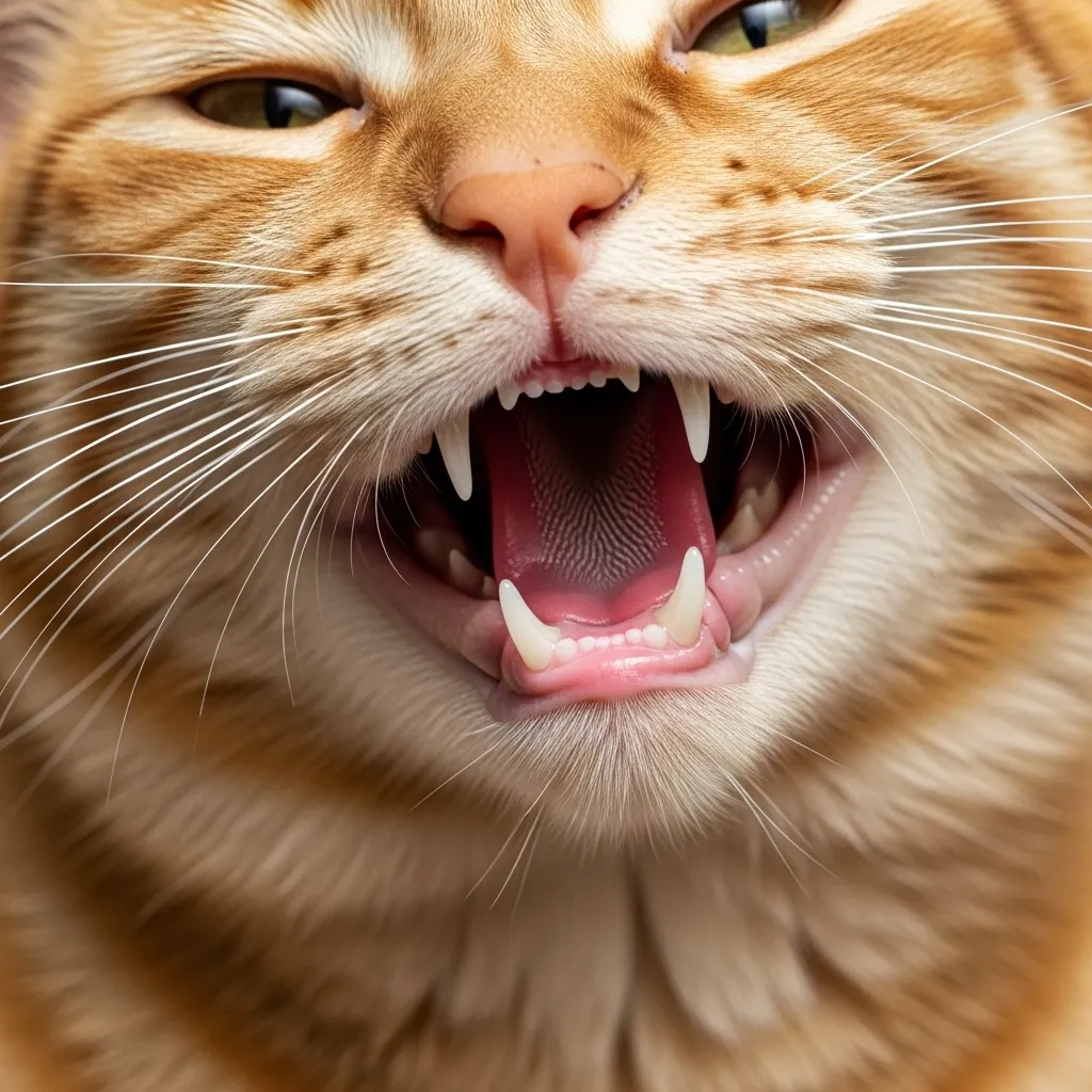 Orange tabby cat showing black spots on gums, indicating possible lentigo.