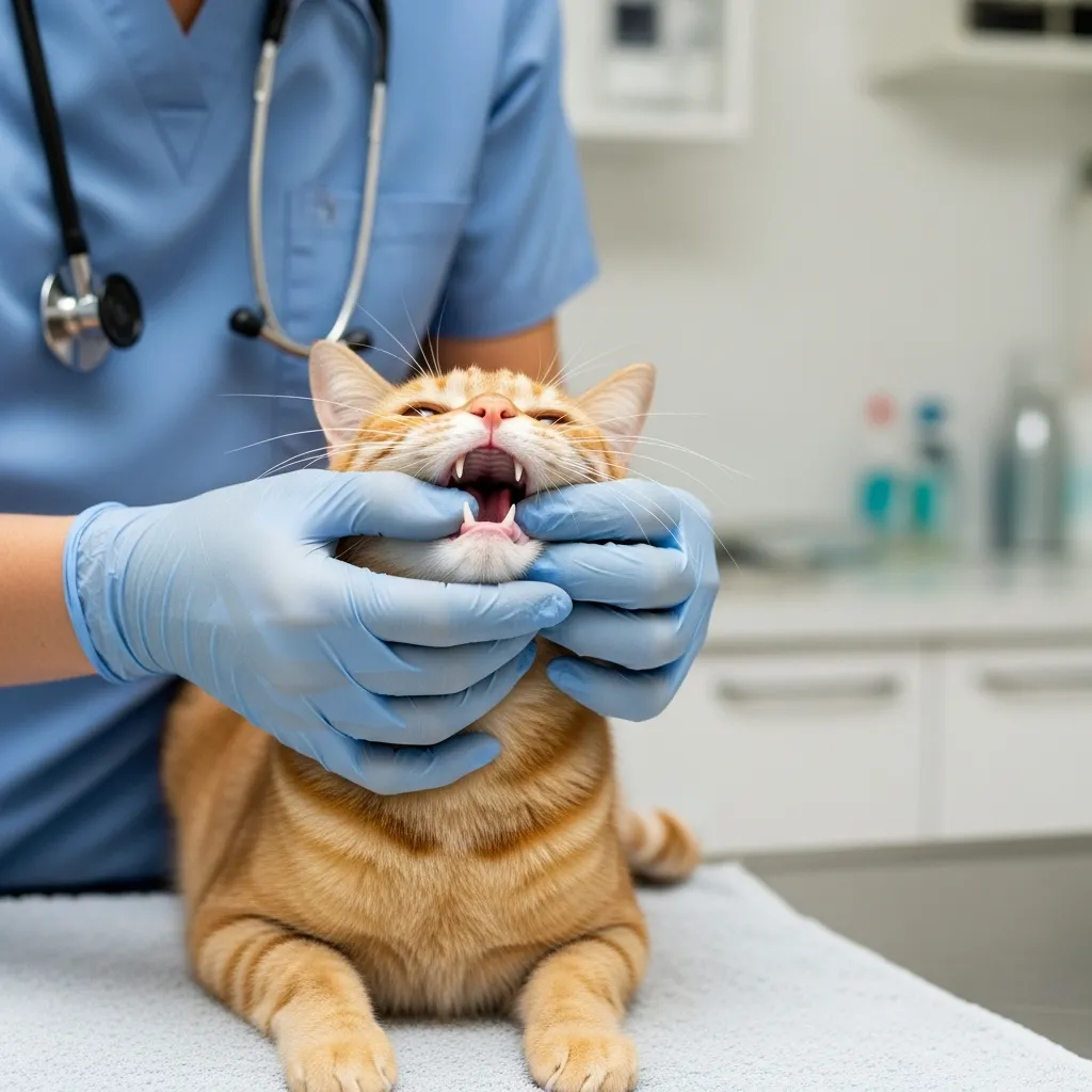 Veterinarian checking orange cat’s gums for black spots, ensuring healthy cat gums.