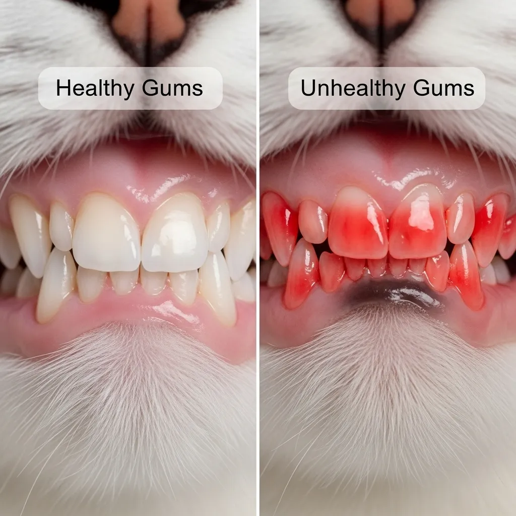Healthy vs. unhealthy cat gums comparison, showing pink vs. red, swollen gums.