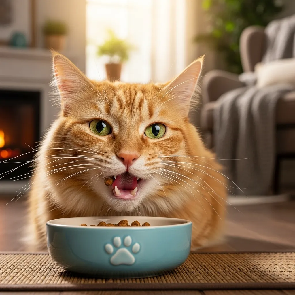 Happy cat with healthy gums eating comfortably, showcasing good cat dental health.