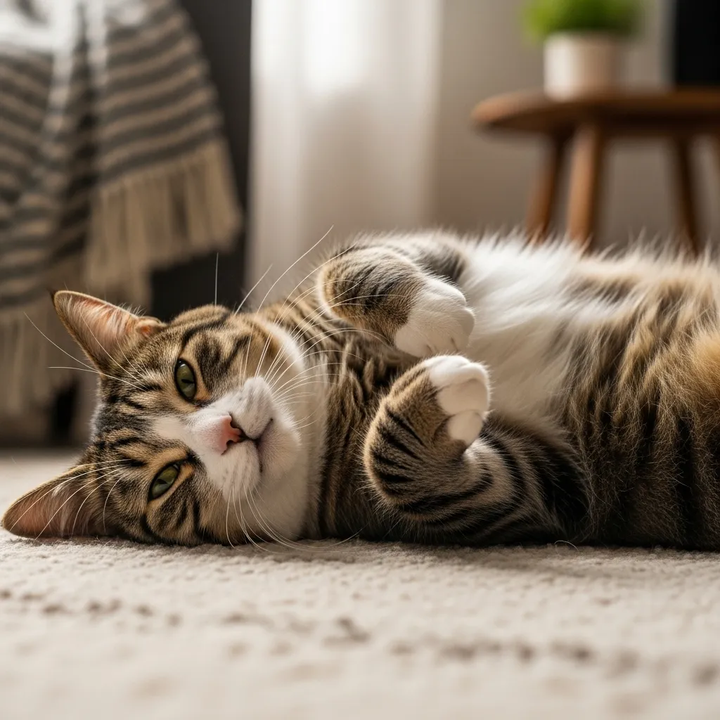 Relaxed cat showing belly in a cozy home, demonstrating trust and comfort.