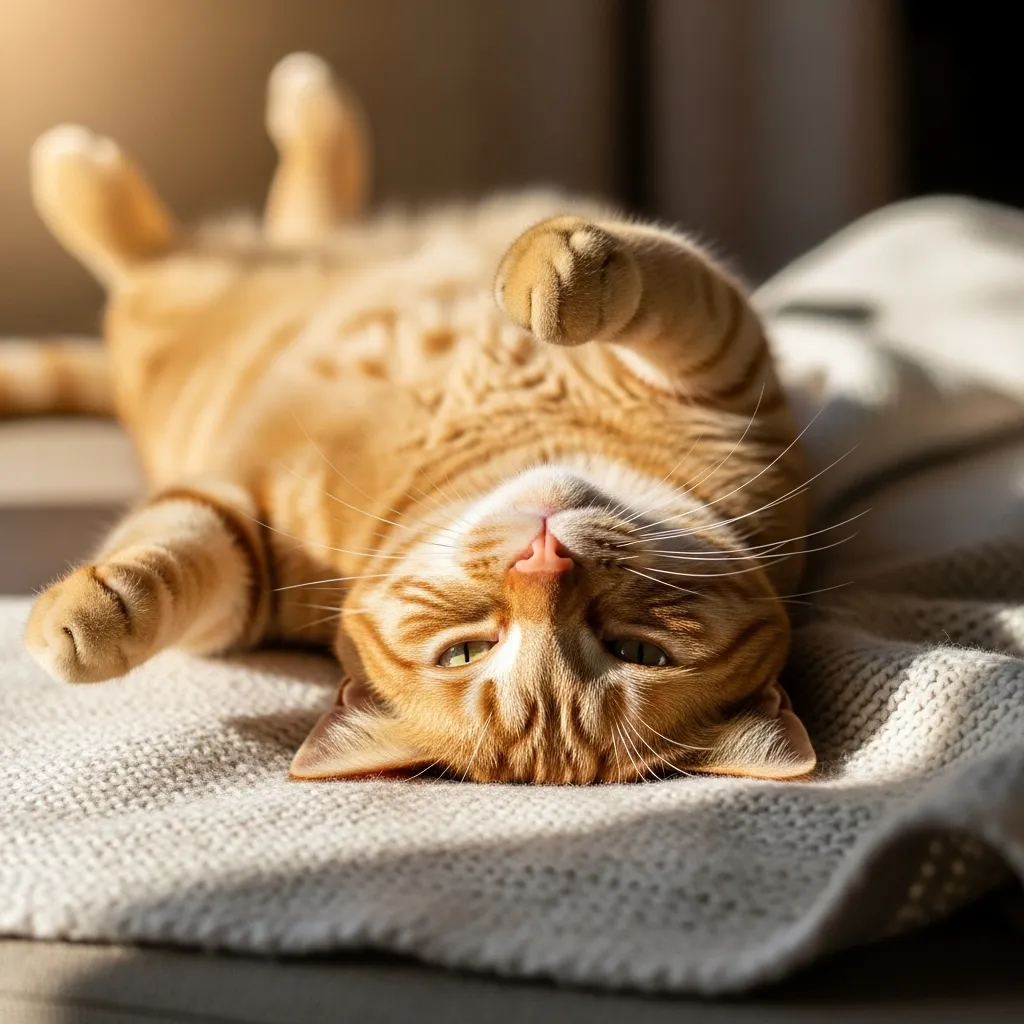Cat displaying trust with a relaxed belly reveal and slow blinks on a cozy blanket.